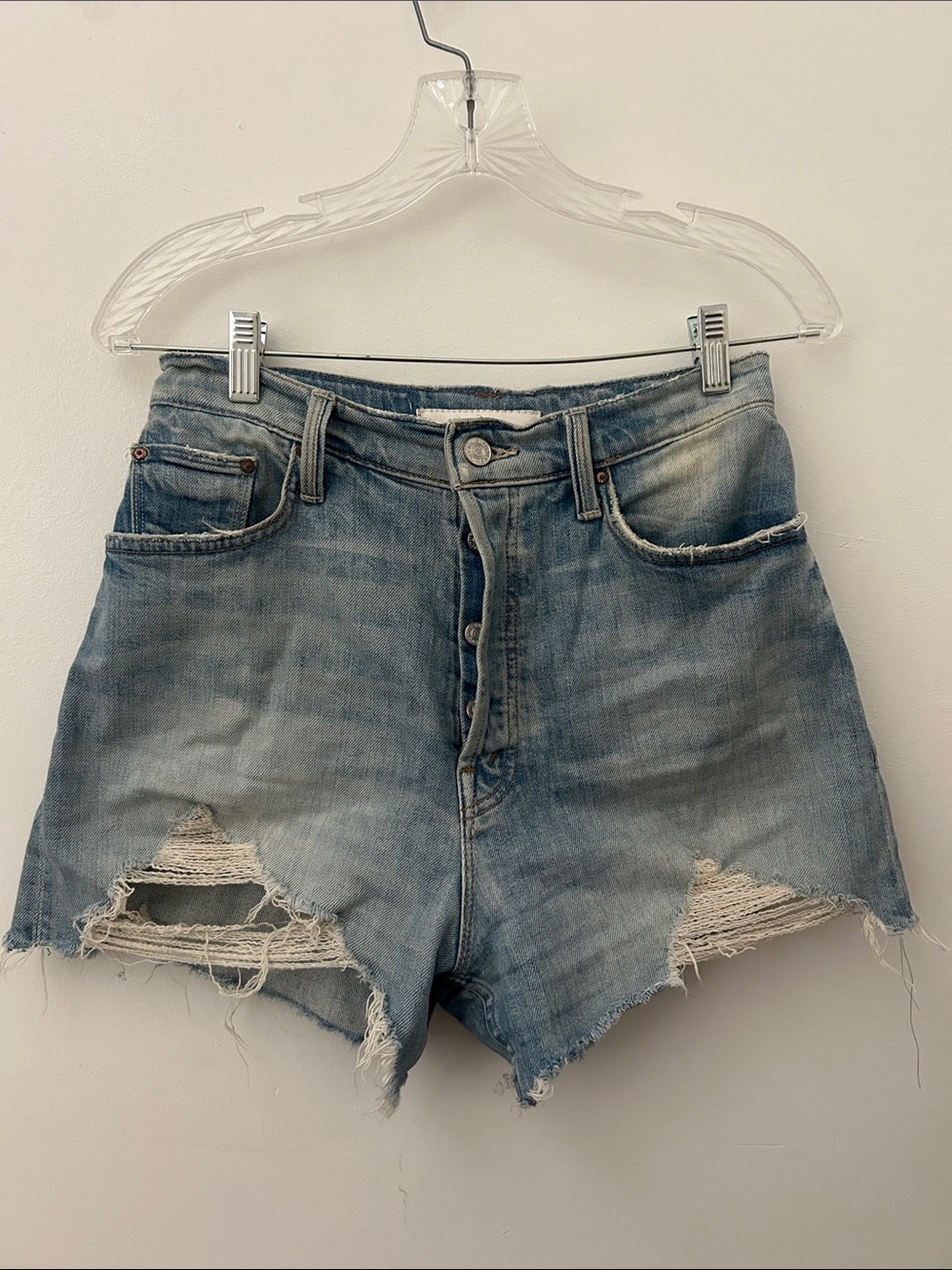 MOTHER Light Blue Distressed High-Rise Denim Shorts